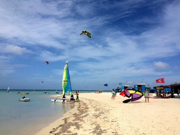 Wind-surfing and kite-surfing on Palm Beach in Aruba
