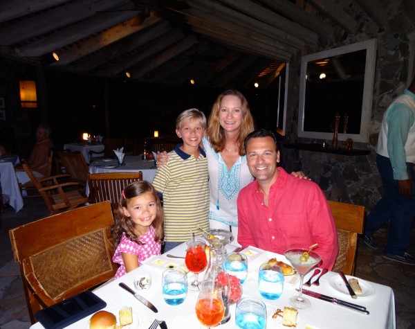 Enjoying dinner with my family at Little Dix Bay