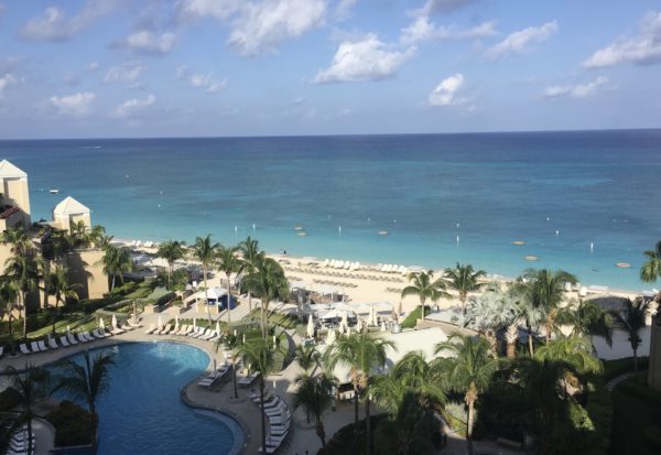 View of Seven Mile Beach and main pool area, Ritz Carlton Grand Cayman